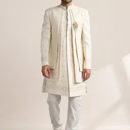 Twamev Embroidered Mandarin Collar Silk Georgette Sherwani With Churidar-image-94