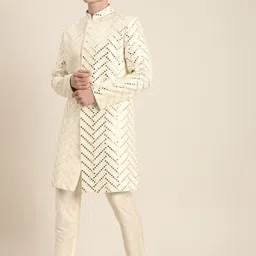 SHRESTHA BY VASTRAMAY Men Cream Colored Mirror Worked Sherwani Set-picture-15