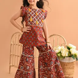 LilPicks Girls Ethnic Motifs Printed Regular Gotta Patti Pure Cotton Kurti with Sharara-image-82