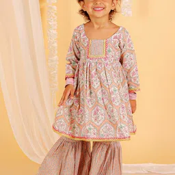 The Mom Store Girls Floral Printed Thread Work Pure Cotton Kurta with Sharara-image-11