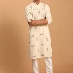 VASTRAMAY Geometric Embroidered Kantha Work Pure Cotton Sustainable Kurta With Pyjamas-image-2