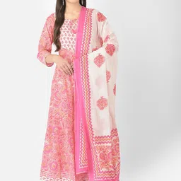 Pistaa Women Floral Printed Pure Cotton Anarkali Kurta with Trousers & With Dupatta-image-53