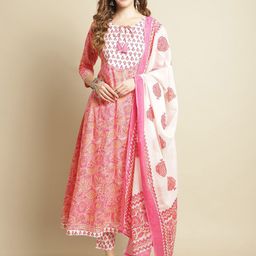 Pistaa Floral Yoke Design Gotta Patti Pure Cotton Kurta With Trousers & With Dupatta-image-81