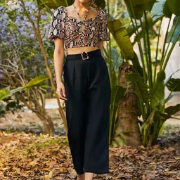 KASSUALLY Black  & Peach Coloured Printed Smocked Detail Crop Top & Trouser Co-Ords-97