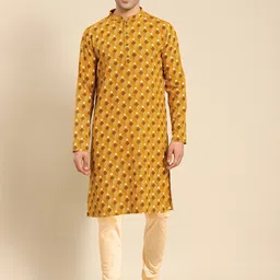 Amodh by Kisah Men Mustard Yellow Floral Printed Kurta with Churidar-picture-52