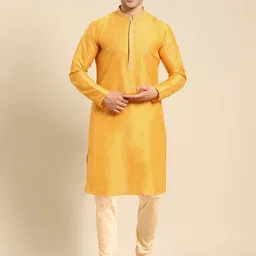 Amodh by Kisah Men Mustard Yellow Yoke Design Thread Work Kurta with Churidar-picture-1