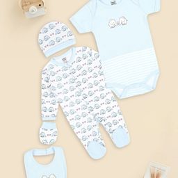 MeeMee Infants Set Of 5 Printed Pure Cotton Baby Apparel Gift Set-54