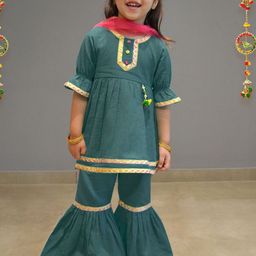 A.T.U.N. Girls Empire Gotta Patti Linen A-Line Kurti With Sharara & Dupatta-picture-53