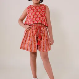 Sangria Girls Floral Printed Pure Cotton Sleeveless Top With Shorts-image-77