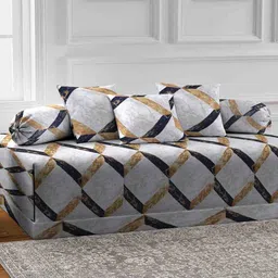 Arrabi Grey & Blue Set of 6 Geometric Print Diwan Set-13