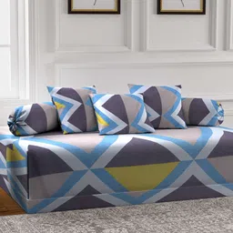 Arrabi Set Of 6 Blue & Grey Geometric Printed Diwan Set-6