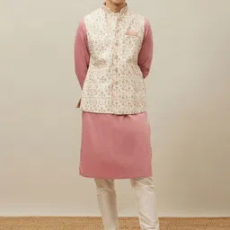 Manyavar Mandarin Collar Pure Cotton Kurta With Pyjamas & Nehru Jacket-picture-21