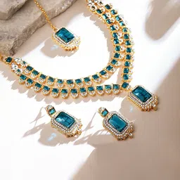 Atasi International Gold Plated AD Stone Studded Necklace & Earrings Maang Tika-image-15