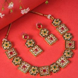 SOHI Gold-Plated Red & Green Stone Studded Jewellery Set-image-66