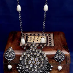 DIVASTRI Silver Plated Oxidised Beaded Jewellery Set-7