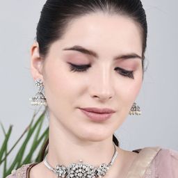 DEGHLAM Artificial Stone Studded & Beaded Choker Necklace With Earrings-image-49