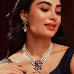 Priyaasi Sliver-Plated Stones Studded & Pearl Beaded Lion Face Oxidised Jewellery Set-image-24