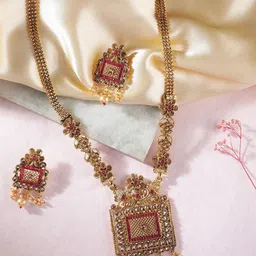 ORANGENYSHA Gold-Plated Kundan-Studded & Beaded Jewellery Set-image-14