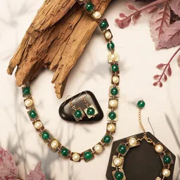 ANIKAS CREATION Gold-Plated Stone Studded & Beaded Jewellery Set-49