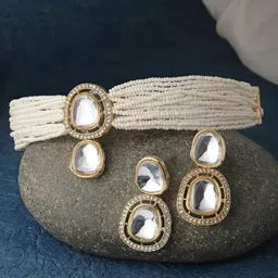 PANASH Gold-Plated CZ-Studded & Pearl Beaded Choker Jewellery Set-51