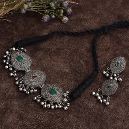 VENI Silver Tone And Black Silver Plated Oxidized Stone Studded Choker Jewellery Set-image-1