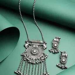 Moedbuille Silver-Plated Tasselled Temple Design Oxidised Antique Jewellery Set-51