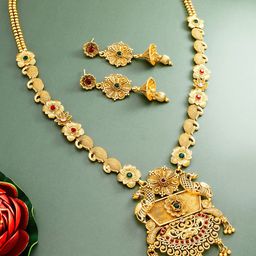aadita Women Gold Plated Necklace & Earrings Temple Jewelry Set-image-67