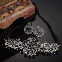 Arrabi Oxidised Silver-Toned & White Pearl Beaded Jewellery Set-image-43