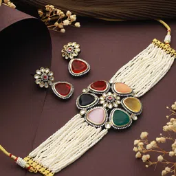 Saraf RS Jewellery Rhodium-Plated Stone-Studded & Beaded Jewellery Set-19