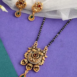 Silvermerc Designs Gold-Plated Red & Green Stone-Studded & Beaded Mangalsutra Set-16