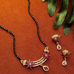 aadita Gold-Plated Black & White Stone-Studded & Beaded Mangalsutra Set-15