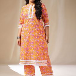 Janasya Plus Size Floral Printed Band Collar Pure Cotton Straight Kurta with Palazzos-4