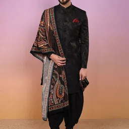 KISAH Self Design Mandarin Collar Sherwani Dhoti & Dupatta Set-picture-32