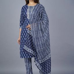 KALINI Floral Printed Regular Pure Cotton Straight Kurta with Trousers & Dupatta-image-13