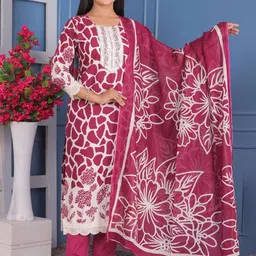 KALINI Floral Printed Regular Pure Cotton Straight Kurta with Trousers & Dupatta-image-96