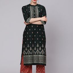 AKS Ethnic Motifs Printed Band Collar Straight Kurta with Palazzos-image-91