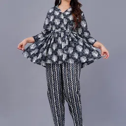 ao services Cuban Collar Floral Printed Regular Pure Cotton Kurti with Trousers-picture-13