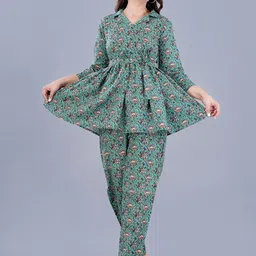 ao services Floral Printed Pure Cotton A-Line Kurti & Trousers With Belt-picture-21