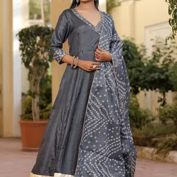 Indi INSIDE Women Bandhani Printed Angrakha Gotta Patti Kurta with Trousers & Dupatta-7