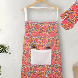 Texstylers Red & Mustard Floral Printed Cotton Oven Glove & Apron-image-76