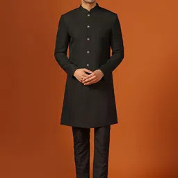 KISAH Men Self-Design Mandarin Collar Sherwani Set-image-38