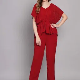 KALINI V-Neck Gathered Detailed Chiffon Kaftan Top With Trousers-picture-41