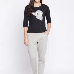 Clovia Women Black & Grey Printed Pure Cotton Top & Basic Pyjama Set-picture-35