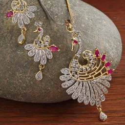 ZENEME Women Pink Gold Plated White CZ Stone Studded Peacock Pendant Set-12