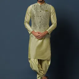 KISAH Mandarin Collar Kurta with Dhoti Pants & Woven Design Nehru Jacket-image-66