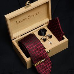LOUIS STITCH Men Burgundy Red Italian Silk Necktie Accessory Gift Set-image-93