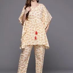 Anouk Yellow Conversational Printed Tie-Up Neck Kaftan Pure Cotton Top With Trousers-picture-23