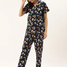 Rapra The Label Women Black & Blue Floral Printed Pure Cotton Night Suit With Eye Mask-image-91