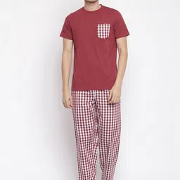 La Intimo Men Maroon & White Checked Night suit-image-51