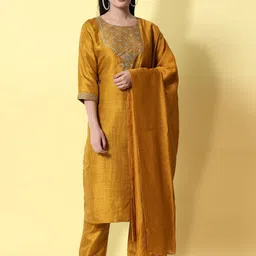 VredeVogel Women Mustard Yellow Yoke Design Kurta with Trousers & With Dupatta-46